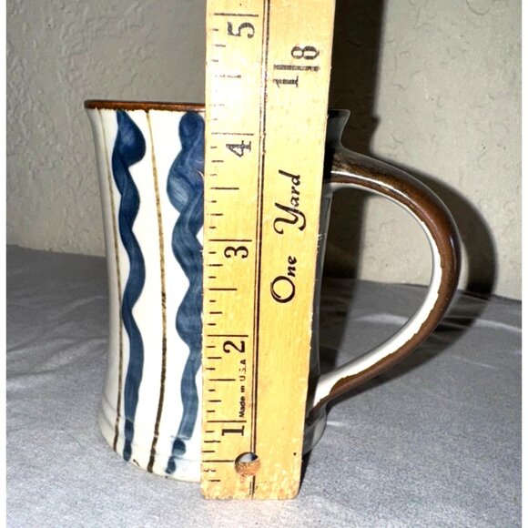 Handmade Ceramic Mug With Blue Wavy Stripes & Tan Accents - Picture 4 of 5